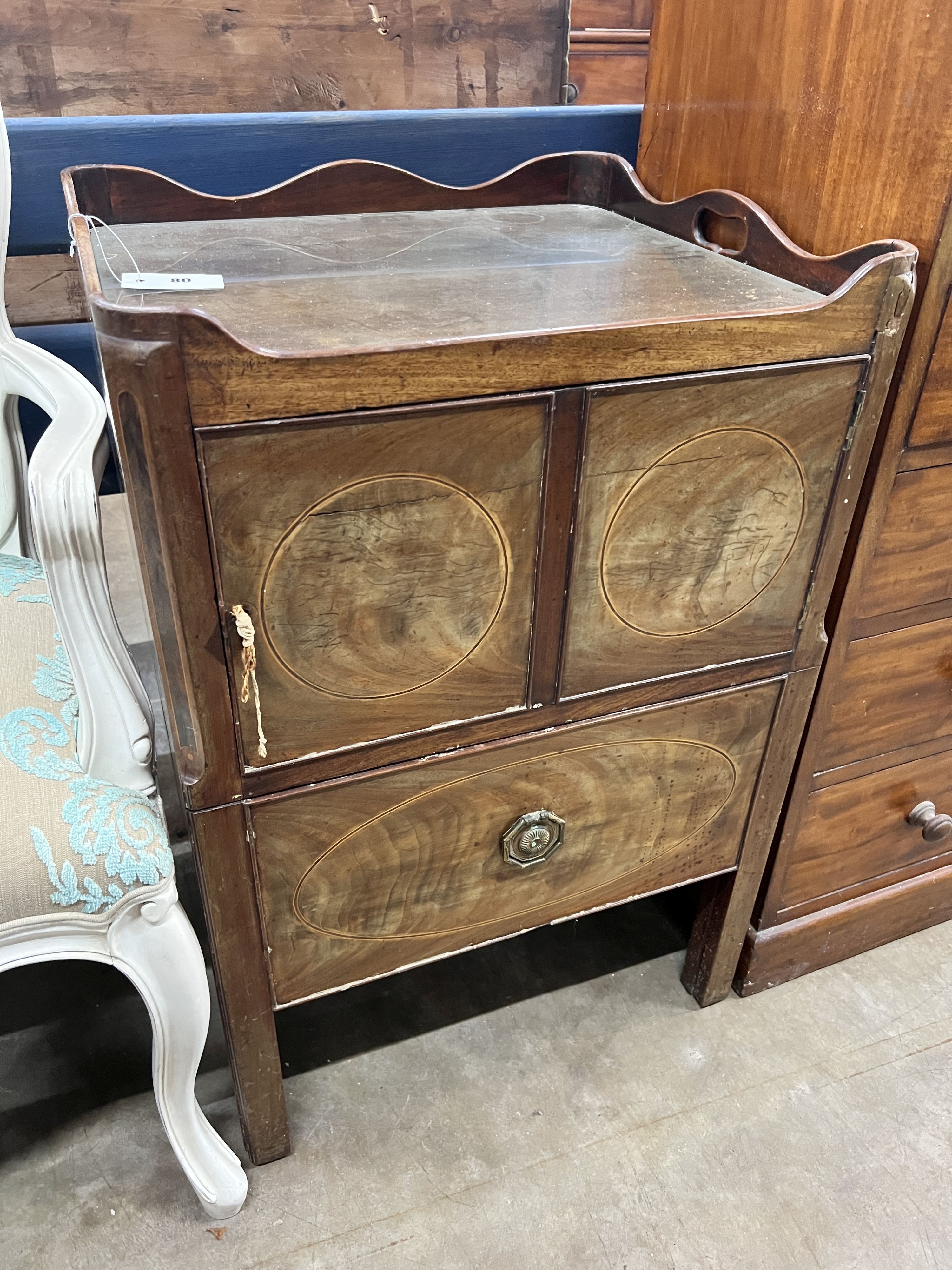 A George III mahogany tray top bedside cabinet, width 53cm, depth 47cm, height 79cm